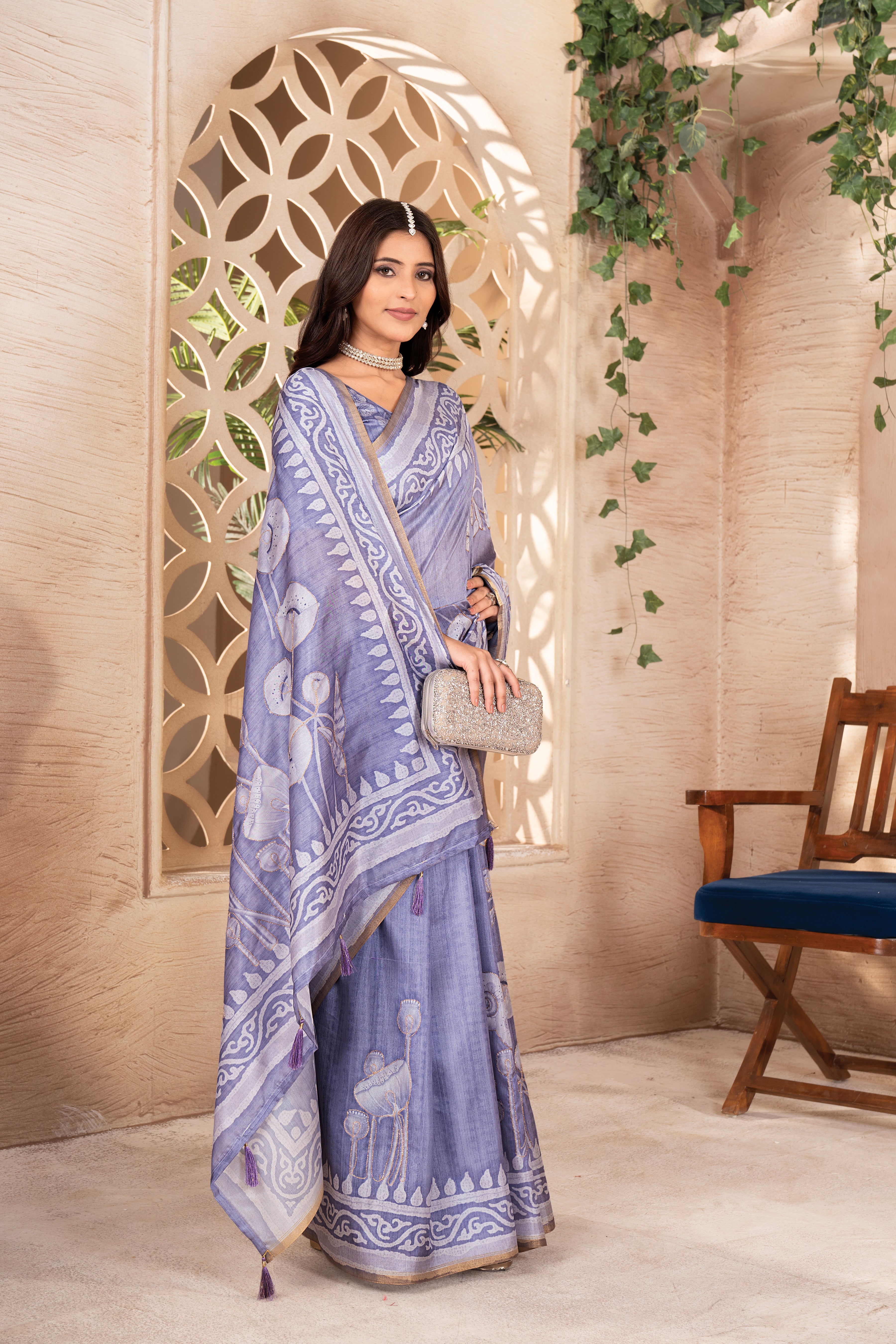 Violet Tussar Floral Saree